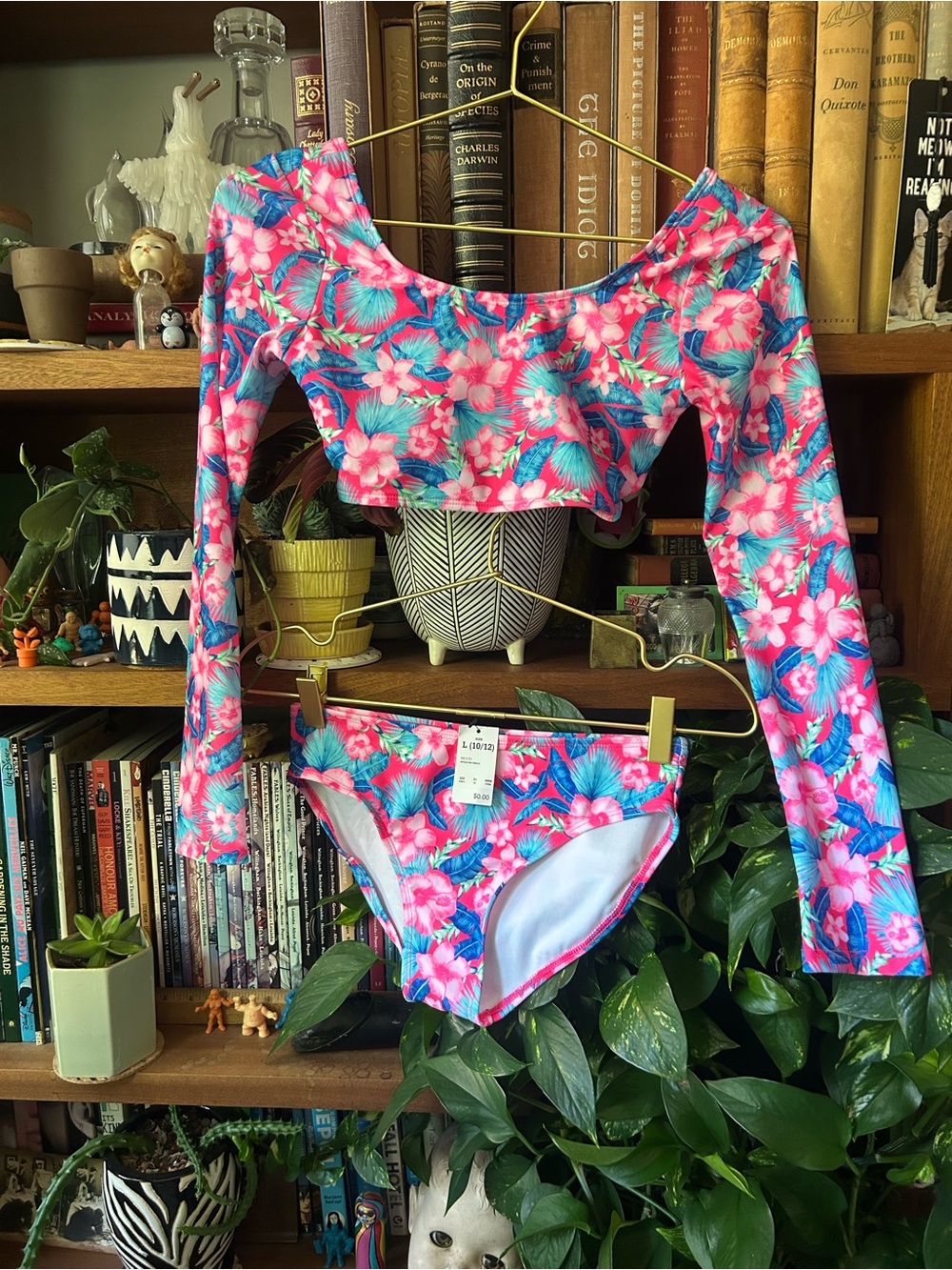 Girls Floral Long-Sleeve Bikini Set - Pink & Turquoise
